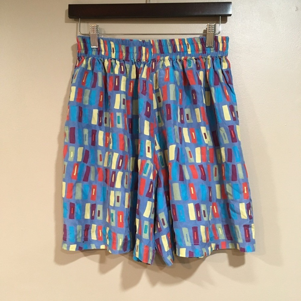 Bogari 100% Silk Shorts Womens M Blue Art Deco Retro Geometric Abstract Bright